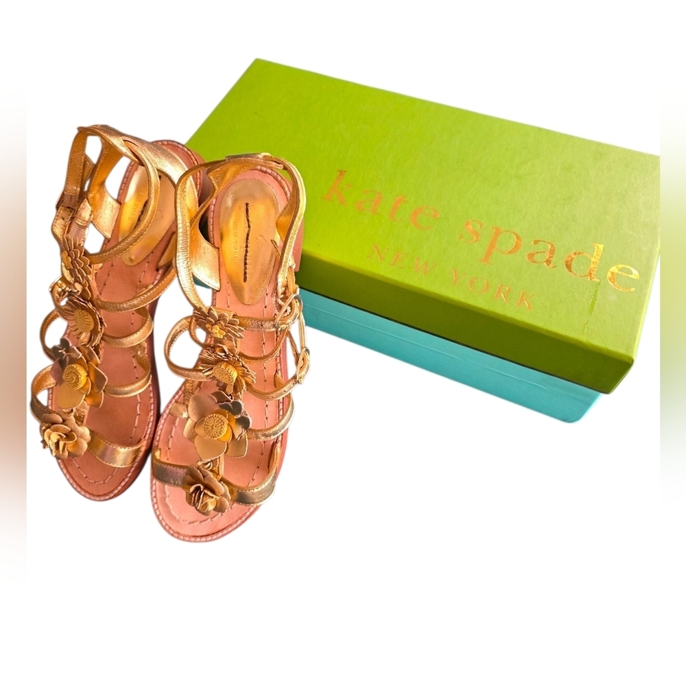 Kate Spade New York Sadia Metallic Gold Leather Floral Strappy Sandals Size 6